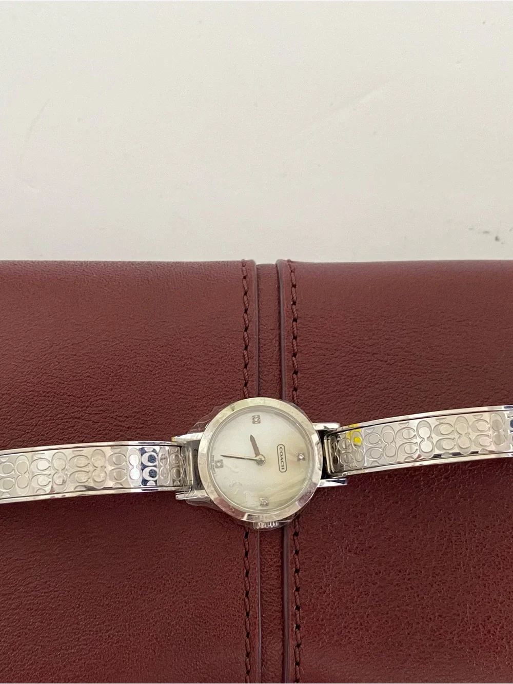 Coach Signature 0277 Silver Bangle Watch with Crystals and Mother-of-Pearl Dial